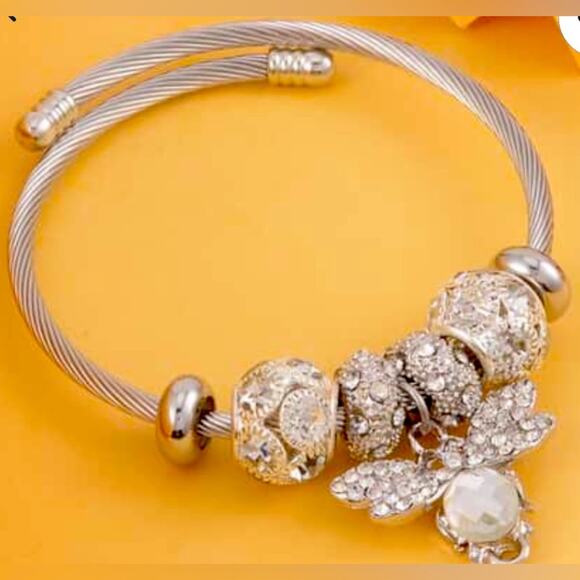 Austrian Crystal and White Glass Adjustable Bracelet in Stainless Steel/Silvtone - Picture 2 of 3